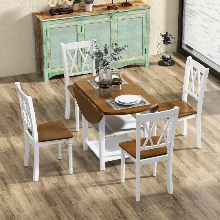 Round Drop Leaf Dining Table Set with 4 Chairs in White/Walnut Wood Finish - FurniFindUSA