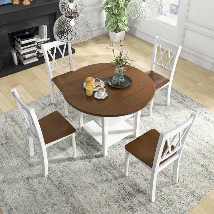 Round Drop Leaf Dining Table Set with 4 Chairs in White/Walnut Wood Finish - FurniFindUSA