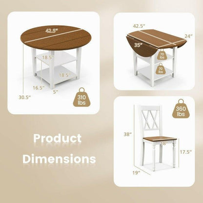 Round Drop Leaf Dining Table Set with 4 Chairs in White/Walnut Wood Finish - FurniFindUSA