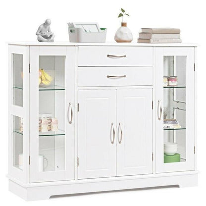White Wood Buffet Sideboard Cabinet with Glass Display Doors - FurniFindUSA