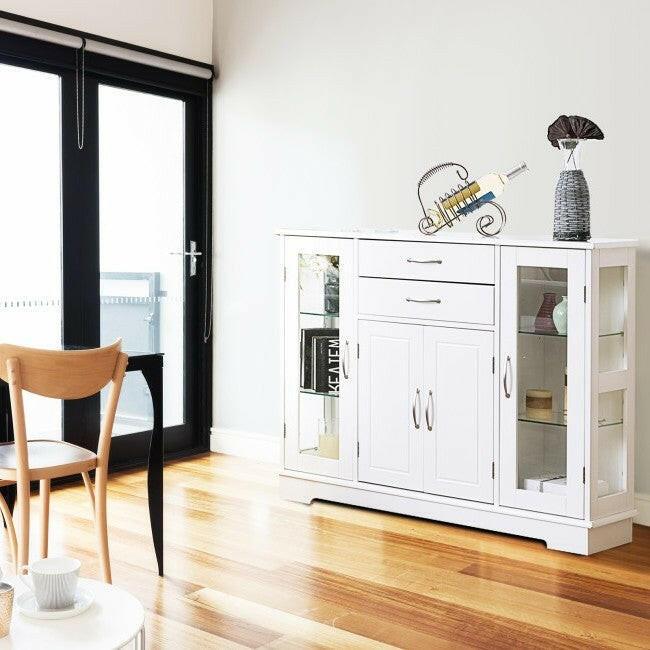 White Wood Buffet Sideboard Cabinet with Glass Display Doors - FurniFindUSA