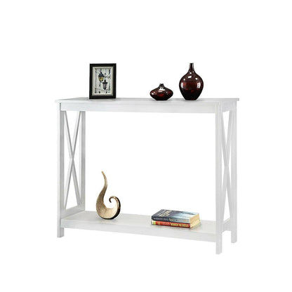 White Wood Console Sofa Table with Bottom Storage Shelf - FurniFindUSA