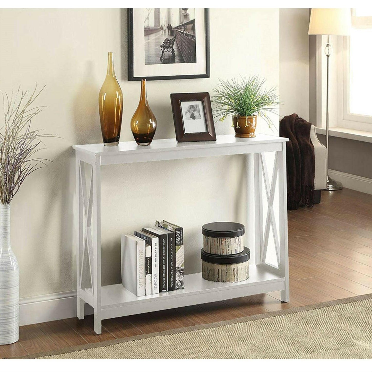 White Wood Console Sofa Table with Bottom Storage Shelf - FurniFindUSA