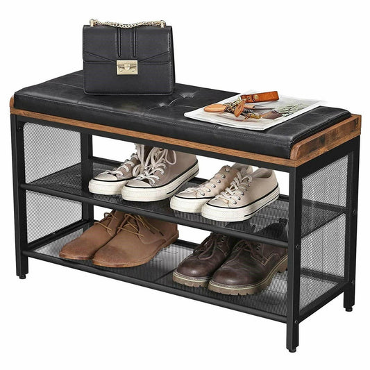 Black Metal Entryway Shoe Rack Storage Bench with Padded Seat Cushion - FurniFindUSA