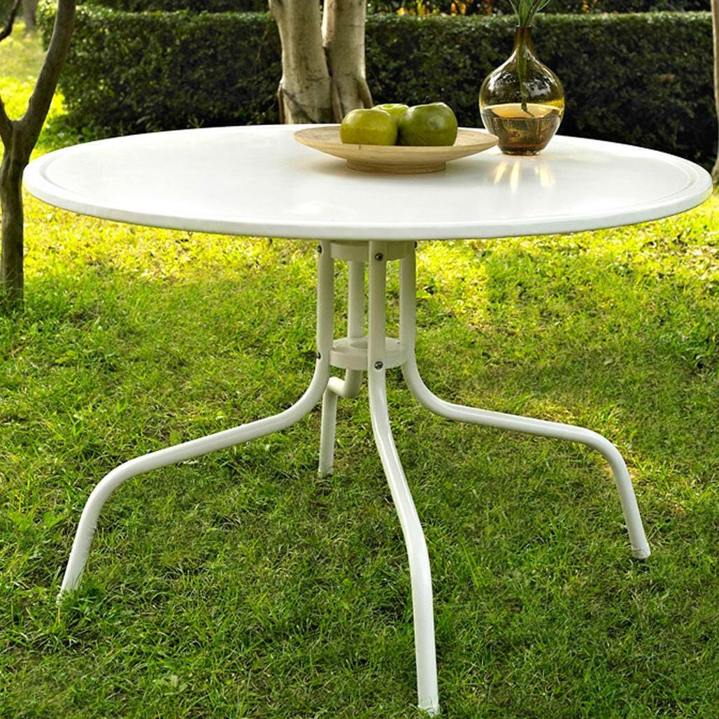 Round Patio Dining Table in White Outdoor UV Resistant Metal - FurniFindUSA