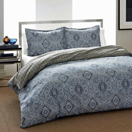 King 3-Piece Cotton Comforter Set with Blue Grey Damask Pattern - FurniFindUSA