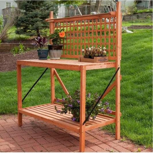 Outdoor Weather-Resistant Fir Wood Potting Bench Garden Table with Lattice Back - FurniFindUSA