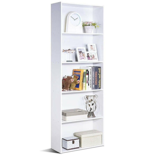 Modern 5-Tier Bookcase Storage Shelf in White Wood Finish - FurniFindUSA