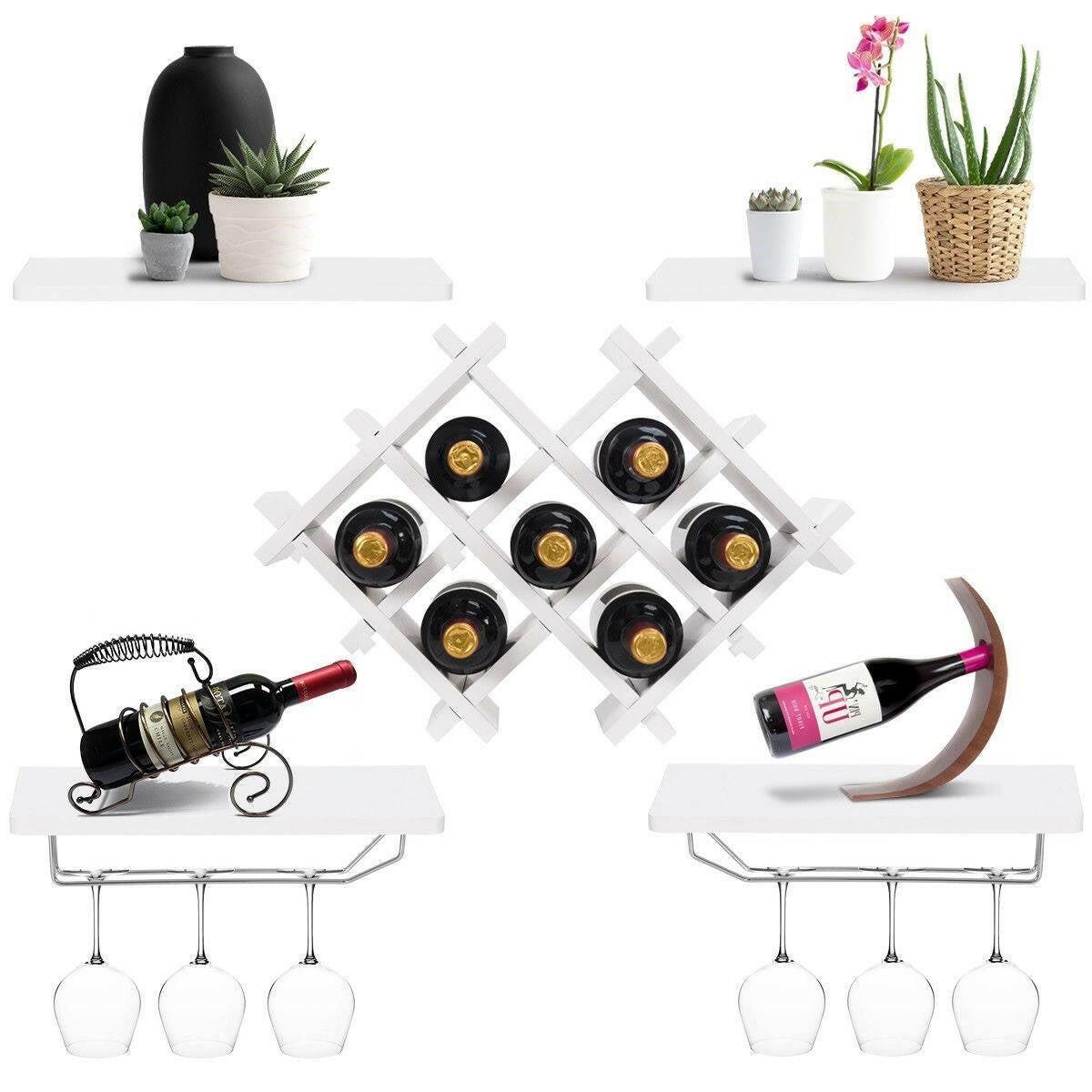 White 5-Piece Wall Mounted Wine Rack Set with Storage Shelves - FurniFindUSA