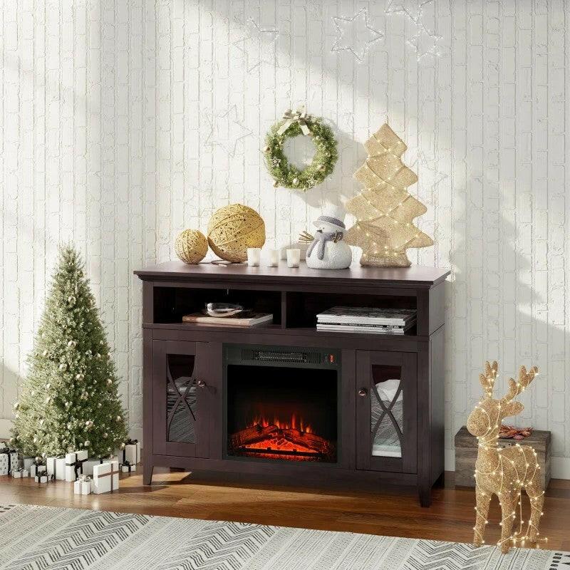 Espresso Electric Fireplace Mantel TV Stand w/ Adjustable Shelves 2 Storage Cabinets - FurniFindUSA