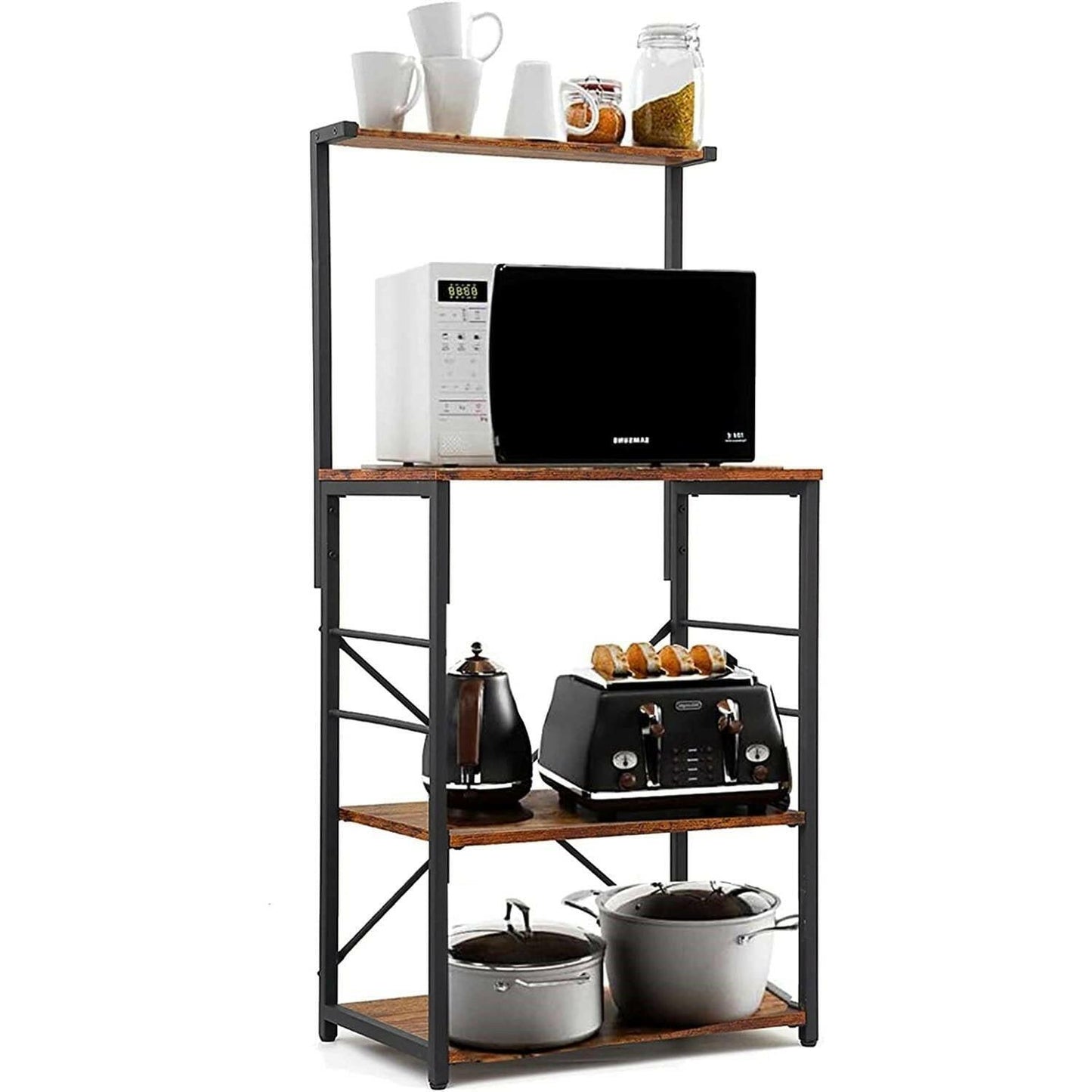 Black Metal 4-Shelf Rustic Brown Wood Kitchen Baker's Rack Microwave Stand - FurniFindUSA