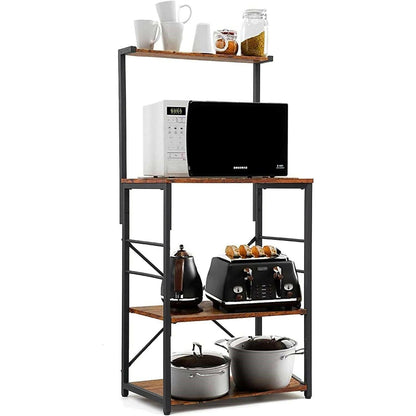 Black Metal 4-Shelf Rustic Brown Wood Kitchen Baker's Rack Microwave Stand - FurniFindUSA