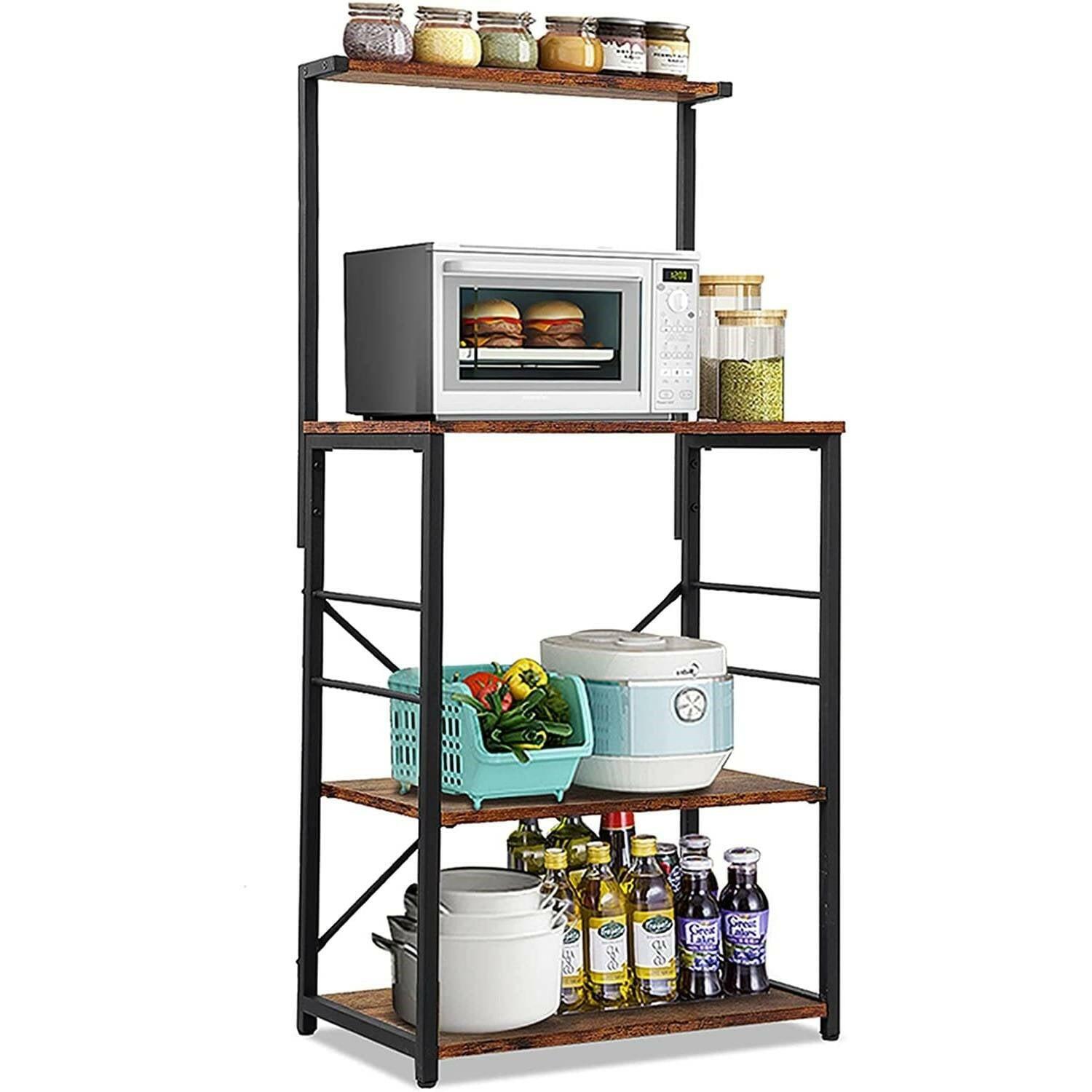 Black Metal 4-Shelf Rustic Brown Wood Kitchen Baker's Rack Microwave Stand - FurniFindUSA