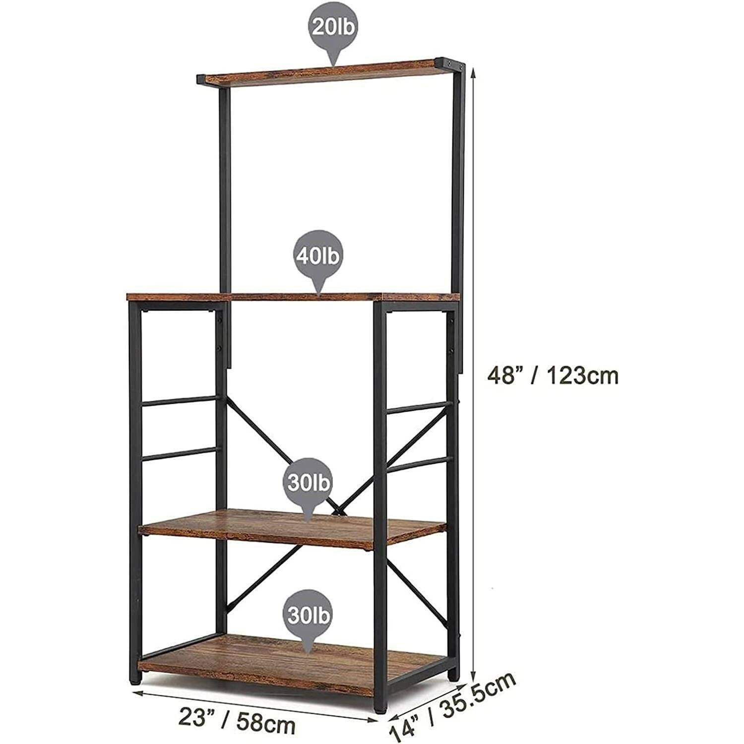 Black Metal 4-Shelf Rustic Brown Wood Kitchen Baker's Rack Microwave Stand - FurniFindUSA