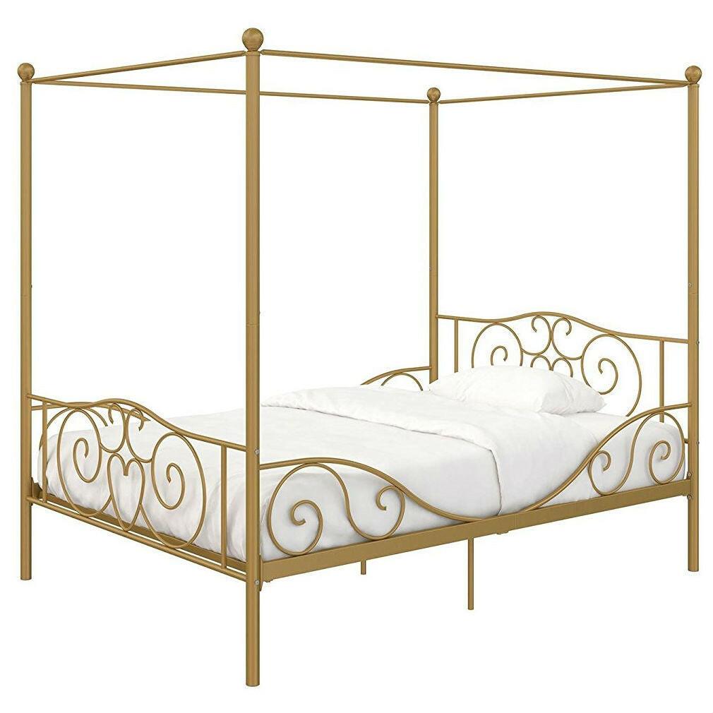 Full size Heavy Duty Metal Canopy Bed Frame in Gold Finish - FurniFindUSA