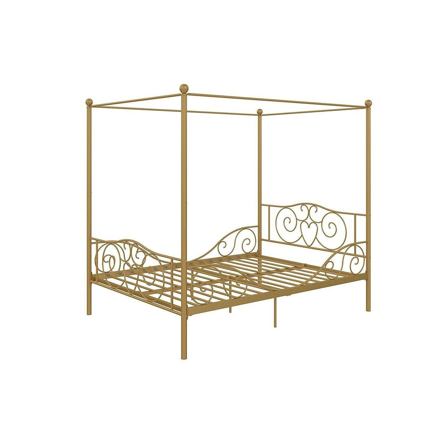 Full size Heavy Duty Metal Canopy Bed Frame in Gold Finish - FurniFindUSA