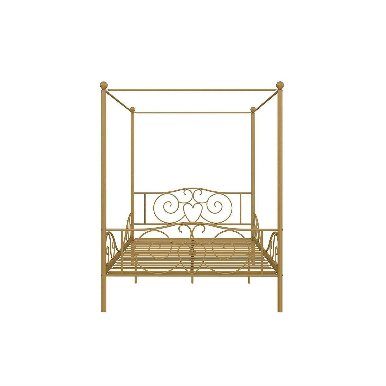 Full size Heavy Duty Metal Canopy Bed Frame in Gold Finish - FurniFindUSA