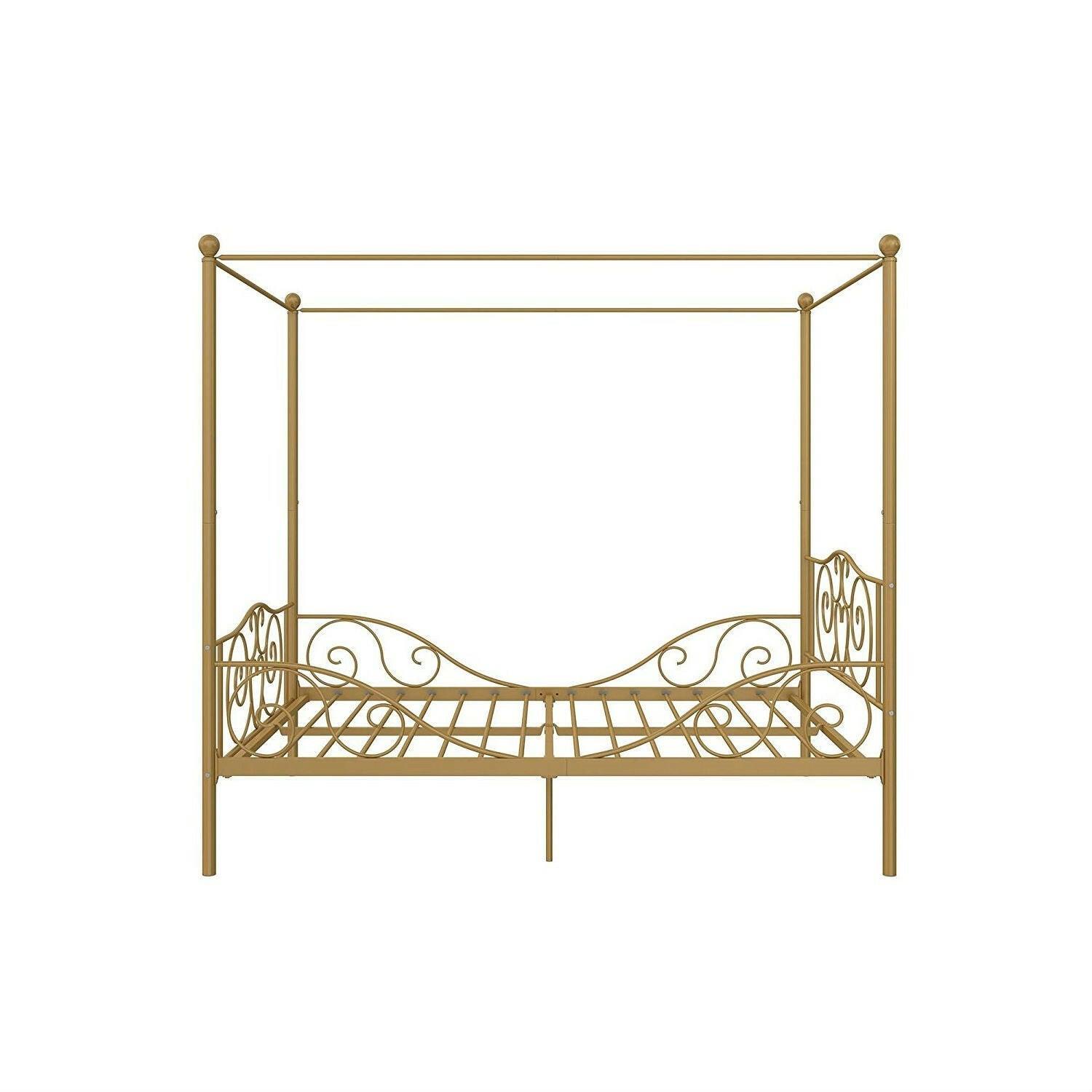 Full size Heavy Duty Metal Canopy Bed Frame in Gold Finish - FurniFindUSA