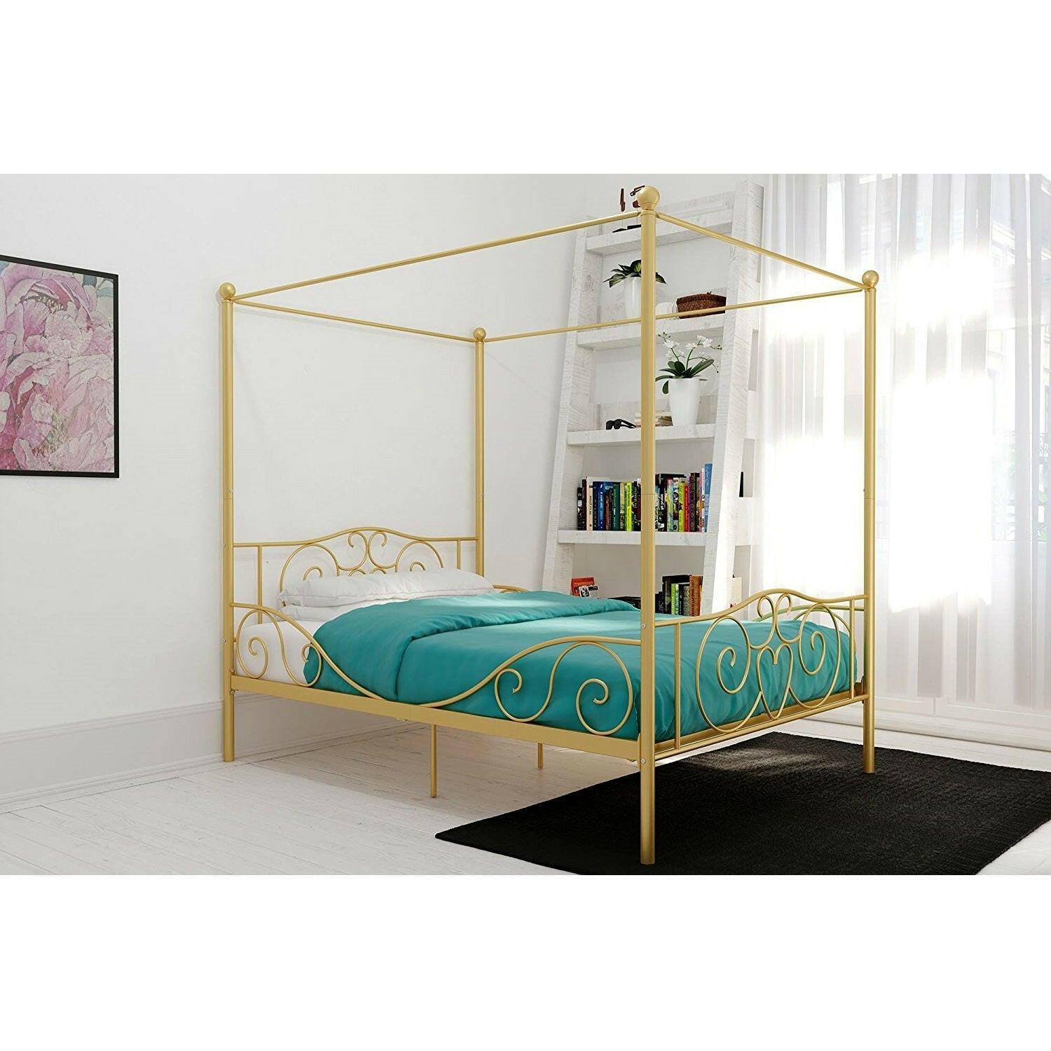 Full size Heavy Duty Metal Canopy Bed Frame in Gold Finish - FurniFindUSA