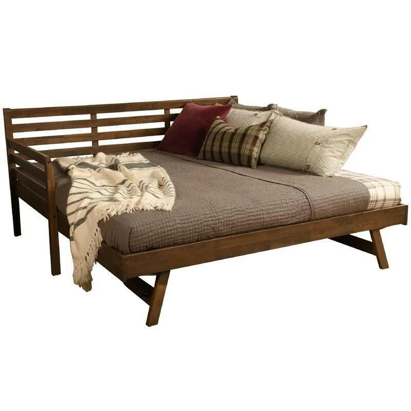 Solid Wood Daybed Frame with Twin Pop-Up Trundle Bed in Walnut Finish - FurniFindUSA