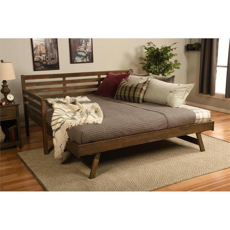 Solid Wood Daybed Frame with Twin Pop-Up Trundle Bed in Walnut Finish - FurniFindUSA