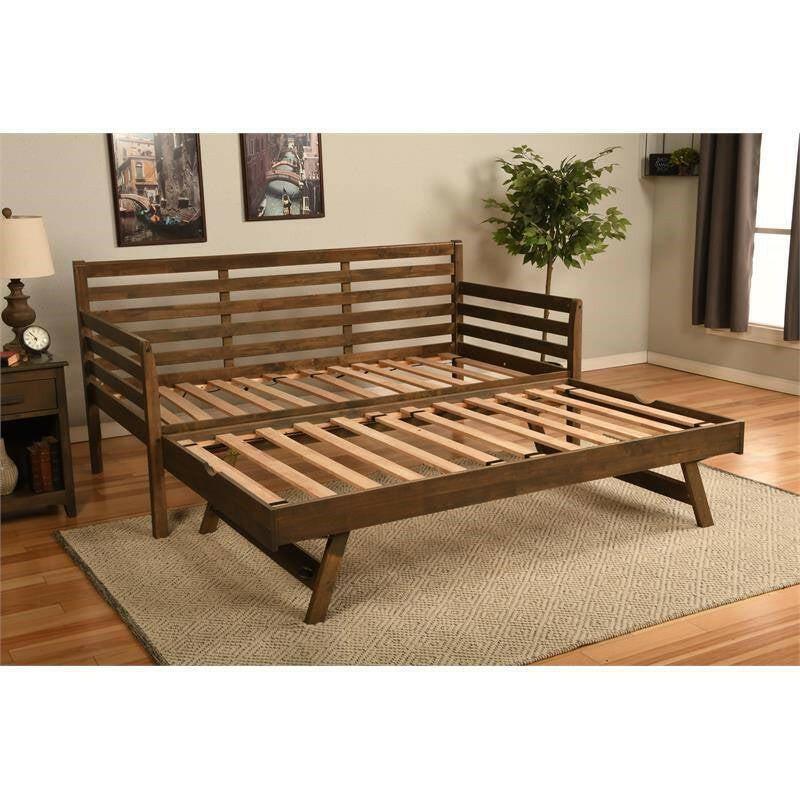 Solid Wood Daybed Frame with Twin Pop-Up Trundle Bed in Walnut Finish - FurniFindUSA