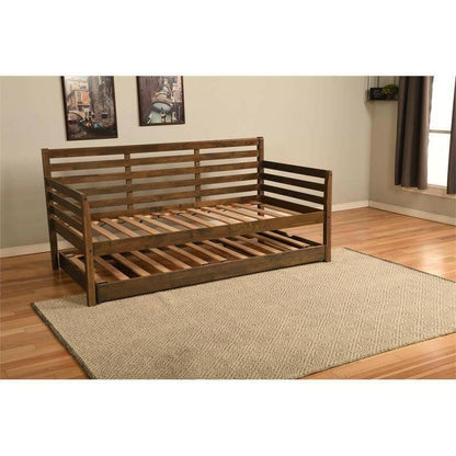 Solid Wood Daybed Frame with Twin Pop-Up Trundle Bed in Walnut Finish - FurniFindUSA