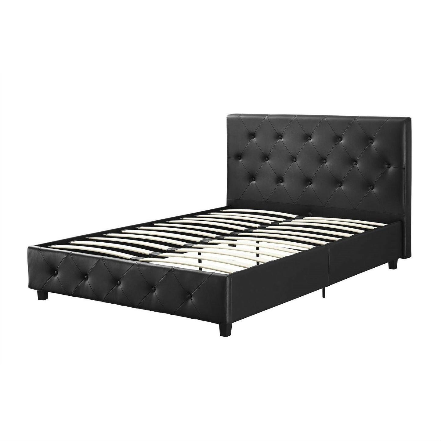 Queen size Black Faux Leather Upholstered Platform Bed with Button Tufted Headboard - FurniFindUSA