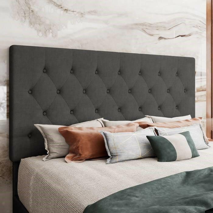 Full Size Adjustable Height Grey Linen Upholstered Platform Bed with Headboard - FurniFindUSA