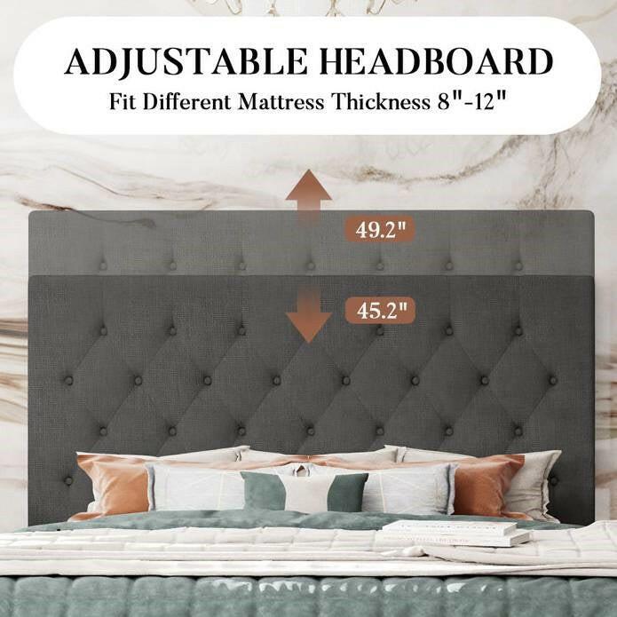 Full Size Adjustable Height Grey Linen Upholstered Platform Bed with Headboard - FurniFindUSA