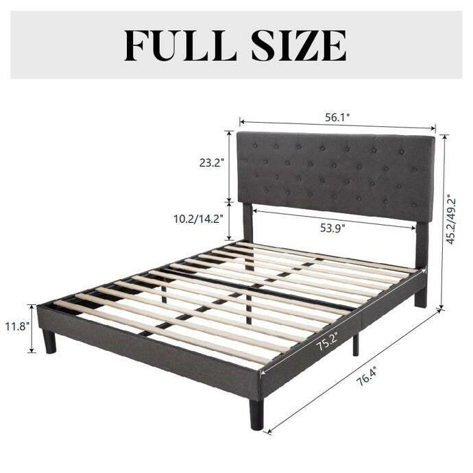 Full Size Adjustable Height Grey Linen Upholstered Platform Bed with Headboard - FurniFindUSA