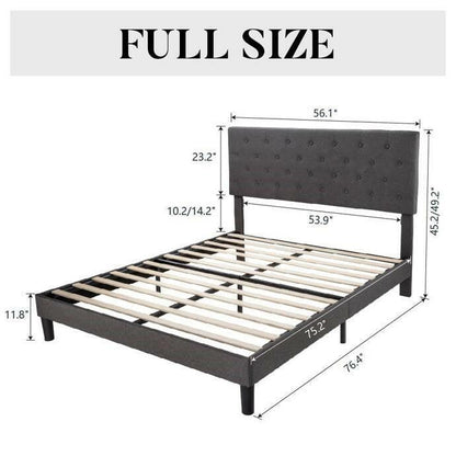 Full Size Adjustable Height Grey Linen Upholstered Platform Bed with Headboard - FurniFindUSA