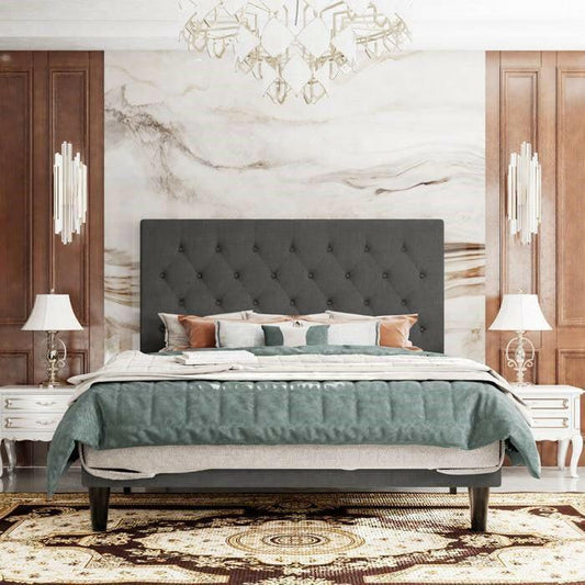 King Size Adjustable Height Grey Linen Tufted Low Profile Platform Bed - FurniFindUSA