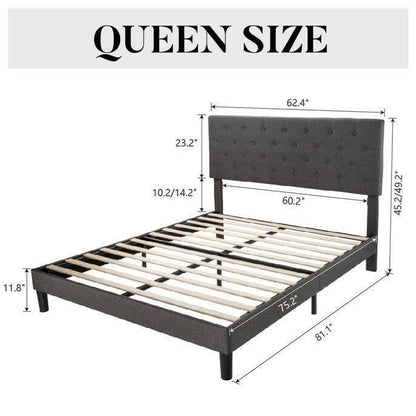 Queen Size Adjustable Height Grey Linen Upholstered Platform Bed with Headboard - FurniFindUSA