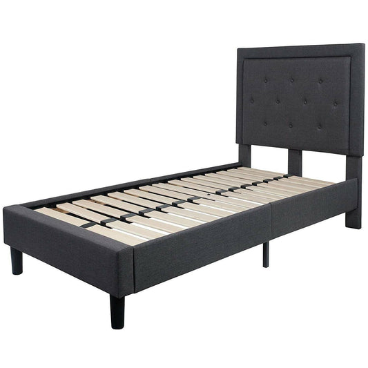 Twin Dark Gray Fabric Upholstered Platform Bed with Button Tufted Headboard - FurniFindUSA