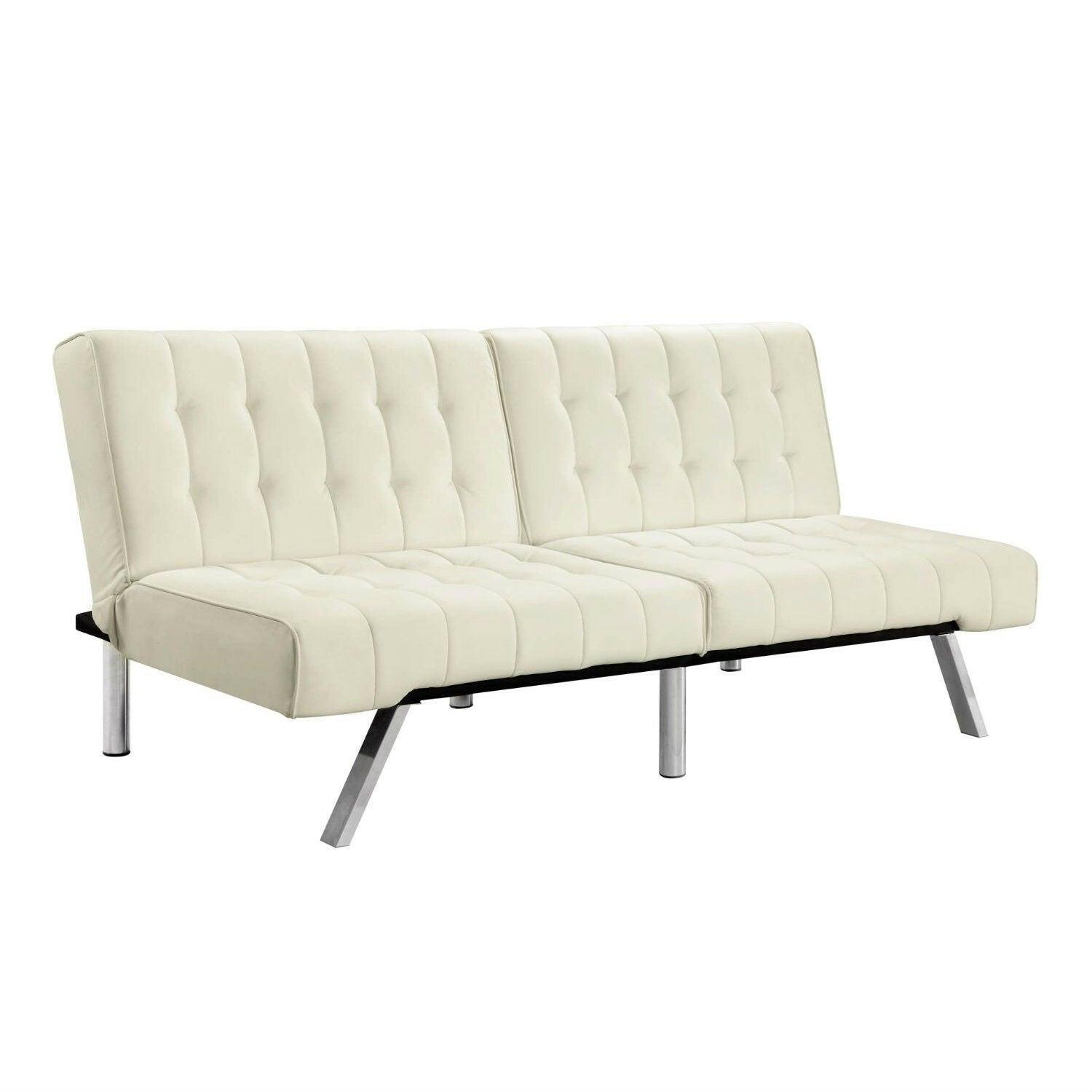 Split-back Modern Futon Style Sleeper Sofa Bed in Vanilla Faux Leather - FurniFindUSA