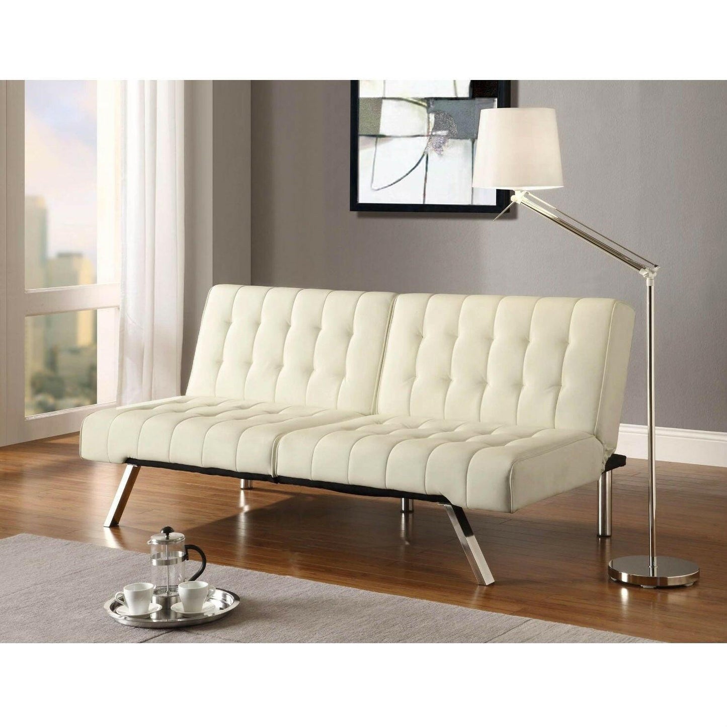 Split-back Modern Futon Style Sleeper Sofa Bed in Vanilla Faux Leather - FurniFindUSA