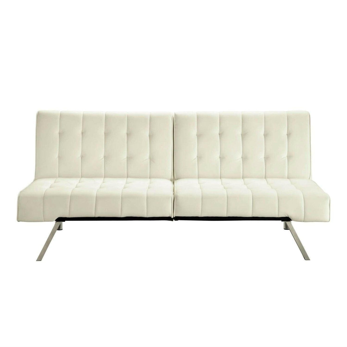 Split-back Modern Futon Style Sleeper Sofa Bed in Vanilla Faux Leather - FurniFindUSA