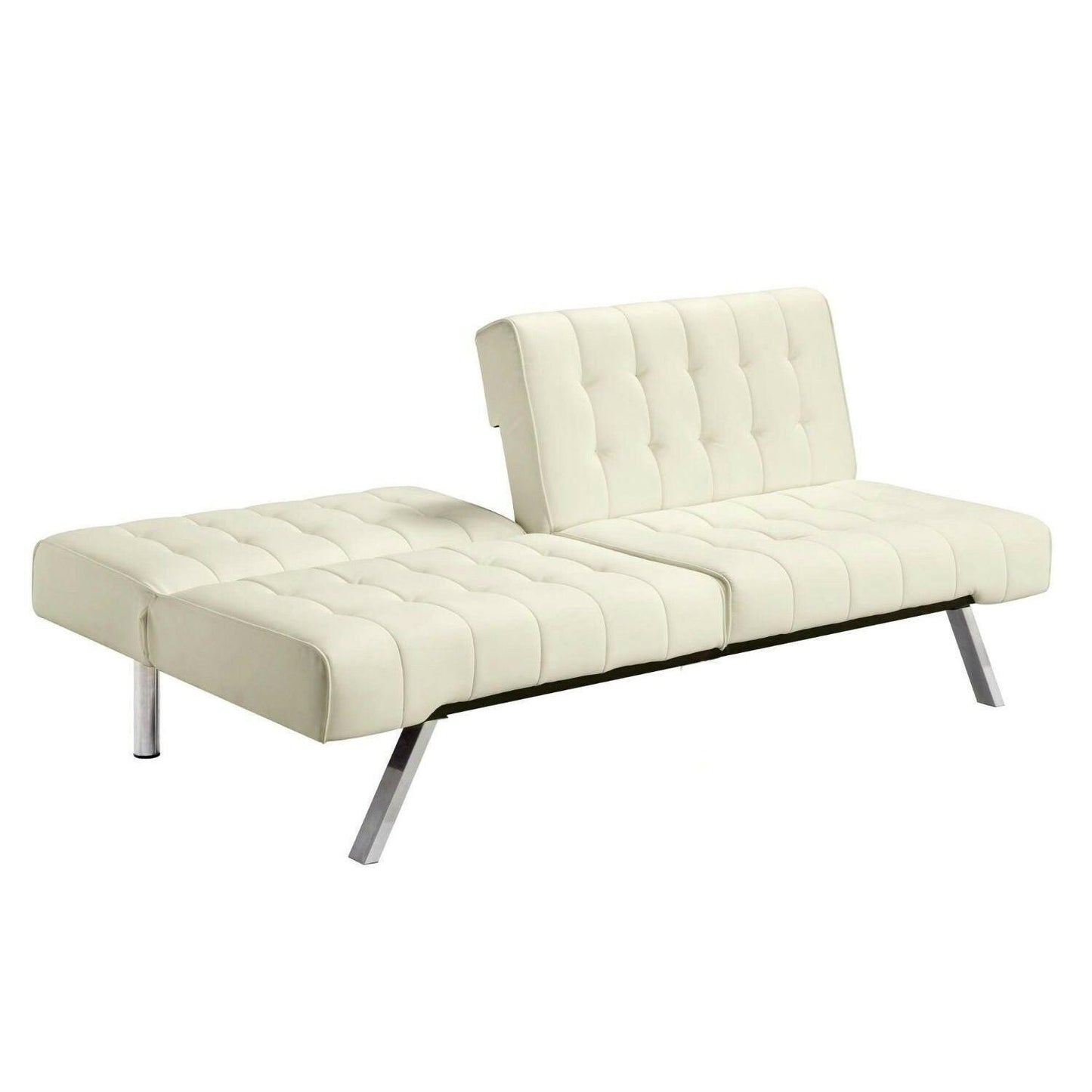 Split-back Modern Futon Style Sleeper Sofa Bed in Vanilla Faux Leather - FurniFindUSA