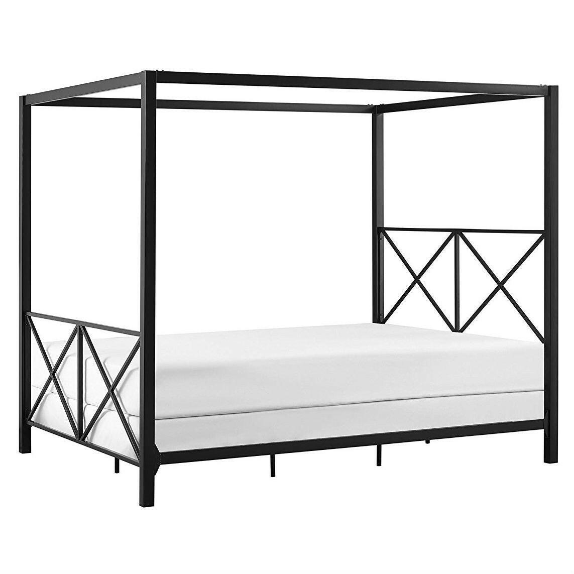 Queen size Modern Black Metal Four-Poster Canopy Bed Frame - FurniFindUSA