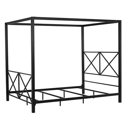 Queen size Modern Black Metal Four-Poster Canopy Bed Frame - FurniFindUSA