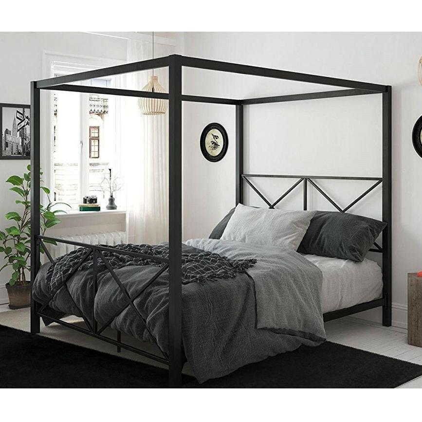 Queen size Modern Black Metal Four-Poster Canopy Bed Frame - FurniFindUSA