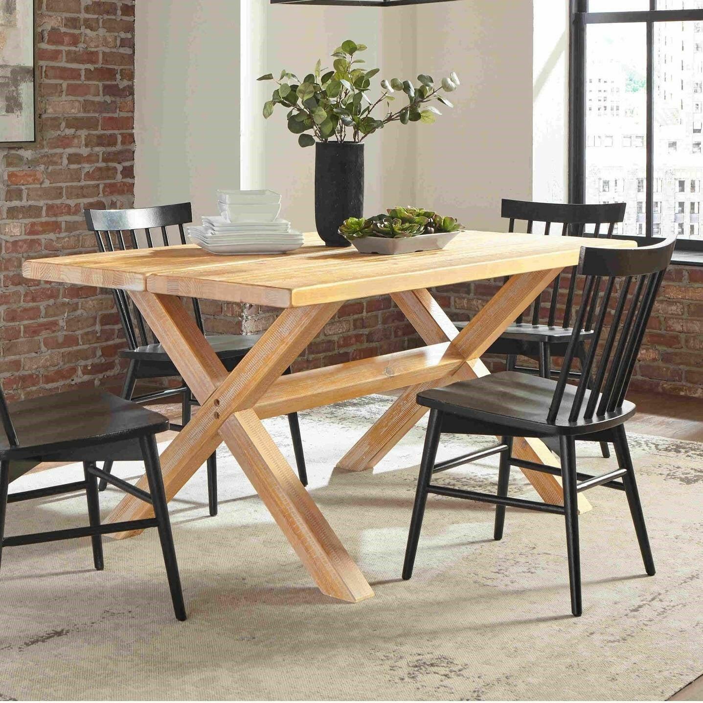 Modern Farmhouse Solid Pine Wood Dining Table in Distressed Driftwood Finish - FurniFindUSA