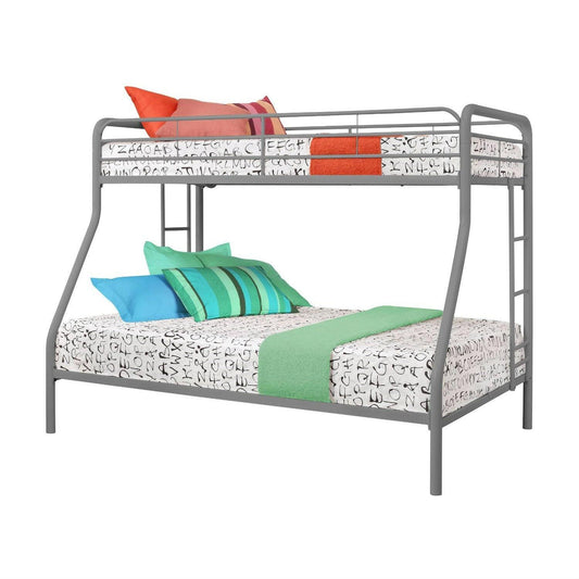 Twin over Full size Sturdy Metal Bunk Bed in Silver Finish - FurniFindUSA