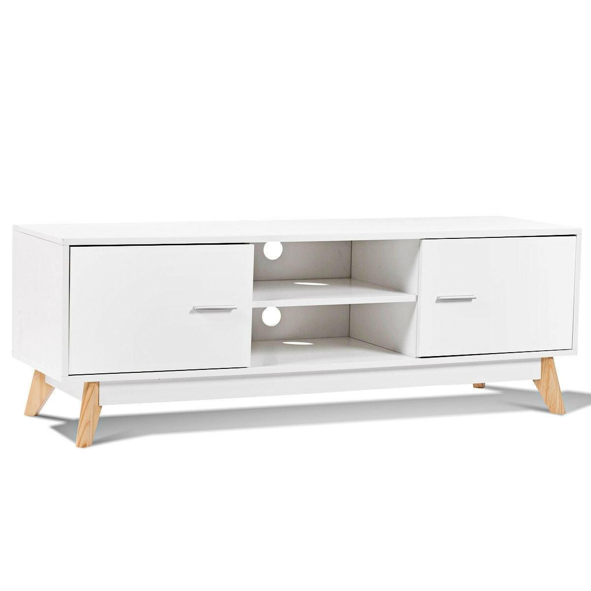 Modern Mid-Century Style Entertainment Center TV Stand in White Wood Finish - FurniFindUSA