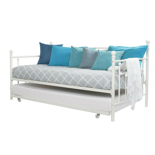 Twin White Metal Daybed Frame with Roll-Out Turndle Bed - FurniFindUSA