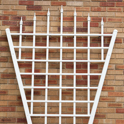 7.75 Ft Fan Shaped Garden Trellis with Pointed Finals in White Vinyl - FurniFindUSA