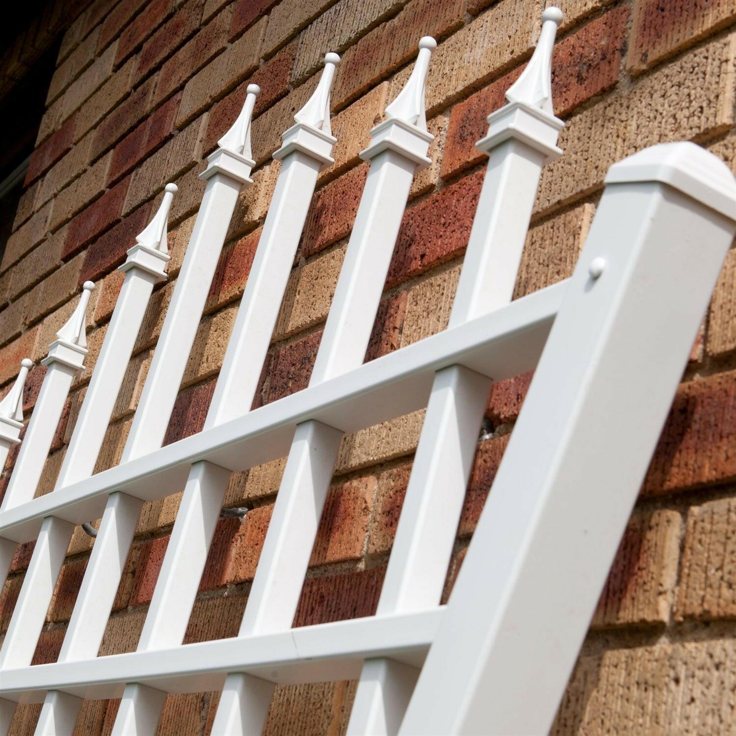 7.75 Ft Fan Shaped Garden Trellis with Pointed Finals in White Vinyl - FurniFindUSA