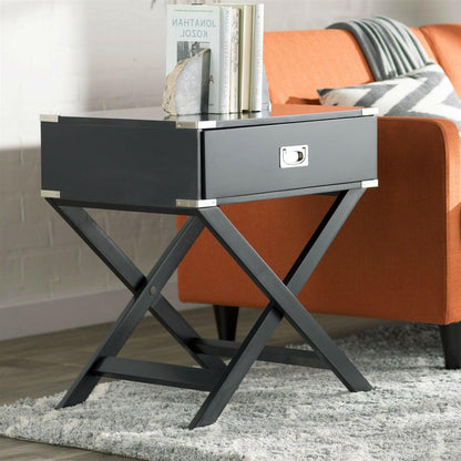 Dark Grey Black 1-Drawer End Table Nightstand with Modern Classic X Style Legs - FurniFindUSA