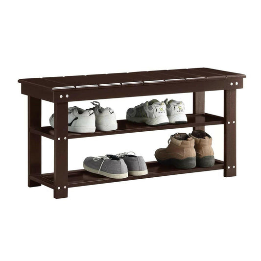 Espresso Brown Wood 2-Shelf Shoe Rack Storage Bench For Entryway or Closet - FurniFindUSA